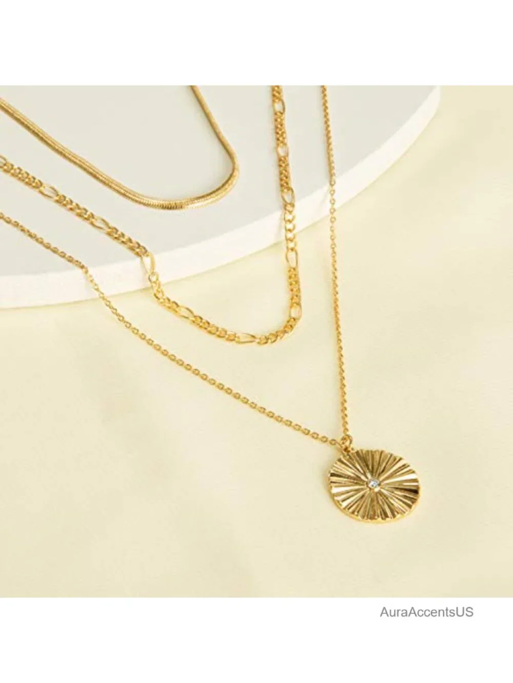 14k Gold Plated Layered Choker Necklace Women Figaro Chain Sunburst Pendant